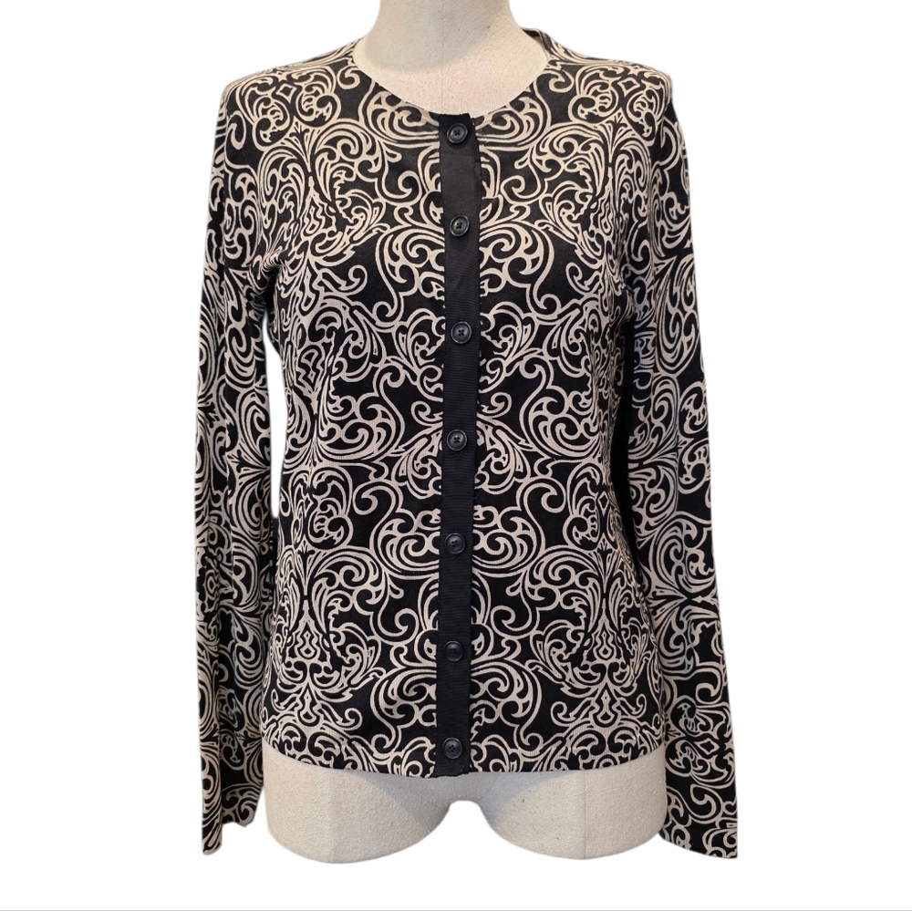 Jones New York Black and White Patterned Button Down Shirt - SILK BLEND